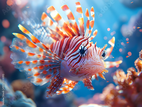 A colorful lionfish swimming gracefully through an underwater environment, showcasing its vibrant fins and captivating beauty.