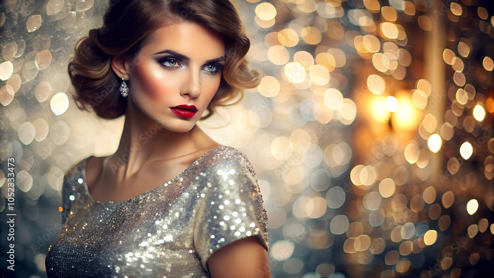 woman in sparkling silver glitter dress, elegant and glamorous, shimmering in soft evening light, against blurred background with copy space woman in sparkling silver glitter dress, elegant and glamorous, shimmering in soft evening light, against blurred background with copy space
