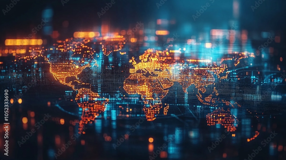 reflection of a digital world map, illustrating global connectivity and data transfer through cyber technology, emphasizing information exchange and international telecommunication networks on Earth reflection of a digital world map, illustrating global connectivity and data transfer through cyber technology, emphasizing information exchange and international telecommunication networks on Earth