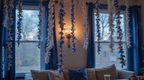 Hanukkah decorations with blue and white garlands and silver accents, cozy and warm evening ambiance photo