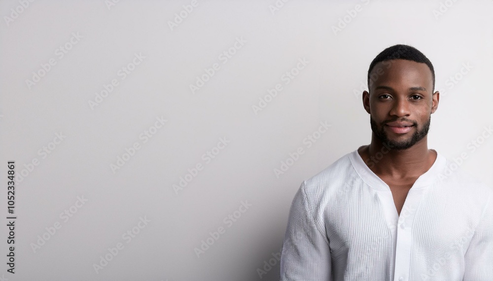 Obraz premium A young black man wearing white clothes in front of white wall