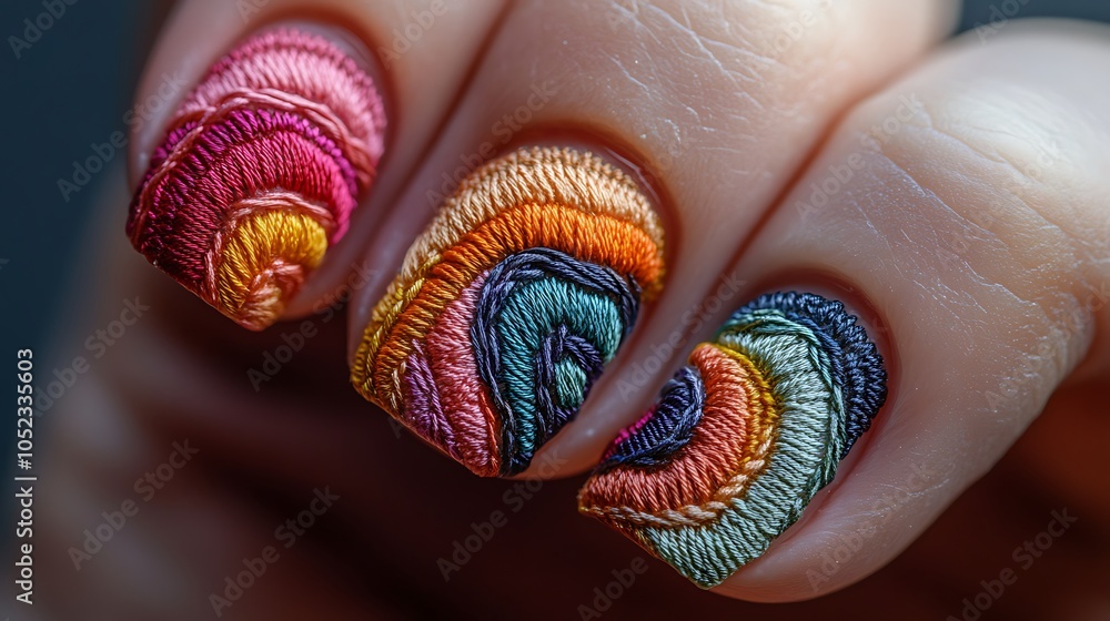 Naklejka premium Abstract silk embroidery nail art, featuring freeform thread patterns in vibrant colors, creating a textured and layered effect, with a matte neutral background for contrast, hd quality, macro shot,
