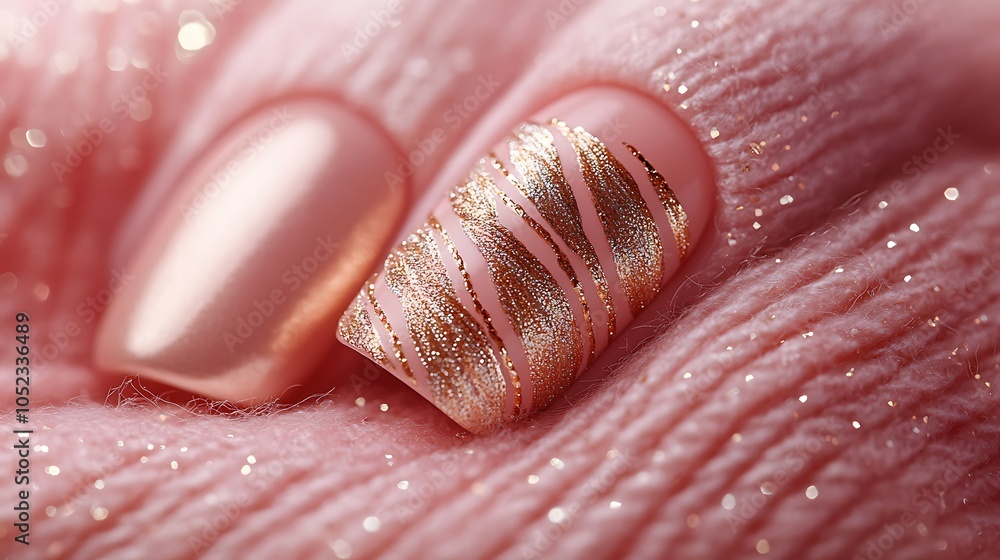 Obraz premium Artistic nail design with gold silk embroidery thread patterns, featuring delicate geometric accents on a matte blush pink background, creating a refined and luxurious appearance, hd quality,
