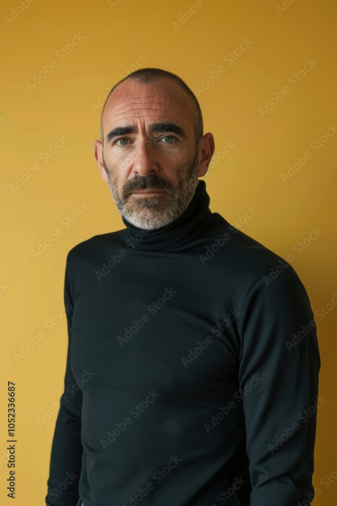 Obraz premium Professional Portrait of a Confident Man in Black Turtleneck Against Yellow Background
