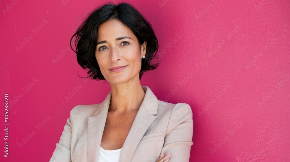 Confident Professional Woman in Beige Blazer Against Pink Background for Business Branding Confident Professional Woman in Beige Blazer Against Pink Background for Business Branding