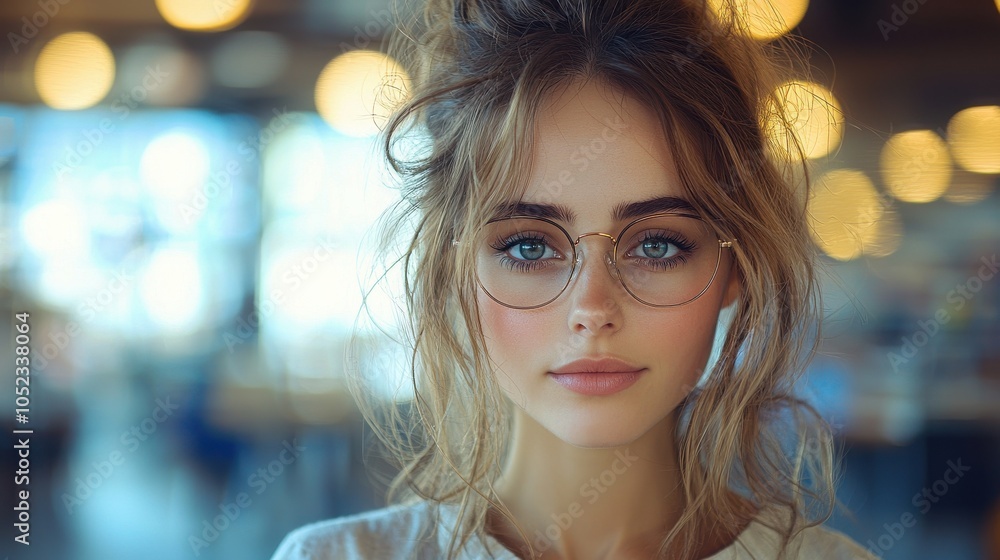Young woman with glasses and tousled hair gazes thoughtfully at the camera in a softly lit café environment during the morning hours Young woman with glasses and tousled hair gazes thoughtfully at the camera in a softly lit café environment during the morning hours