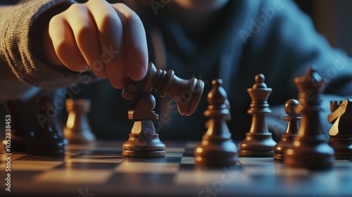 A teenage boy's hand putting a chess piece on the board
