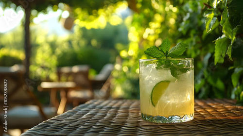 Refreshing cocktail with lime and mint, set against a lush green background. photo