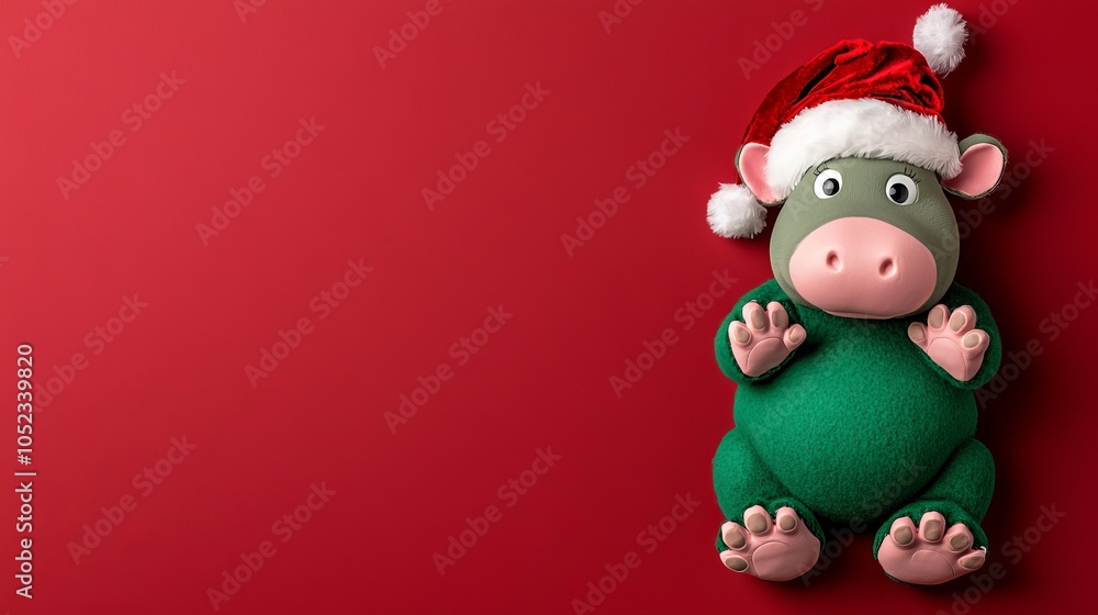 Cute Green Hippopotamus in Santa Hat on Red Background Cute Green Hippopotamus in Santa Hat on Red Background