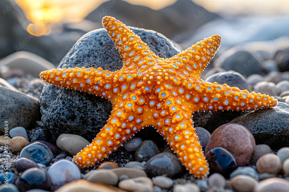 Close up Vibrant Starfish Lying on Peaceful Coastal Beach with Sunlight Glow Close up Vibrant Starfish Lying on Peaceful Coastal Beach with Sunlight Glow