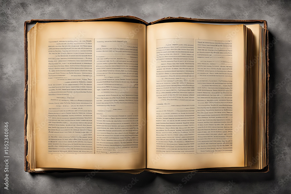 Obraz premium top view of a vintage open book with yellowed pages on a gray background