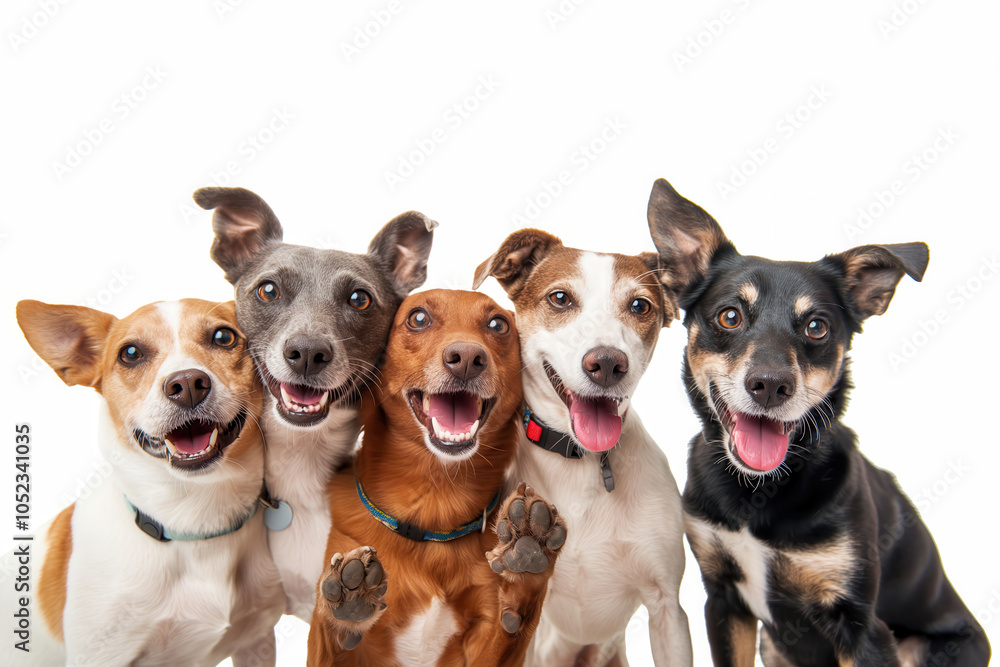 team group row of dogs taking a selfie isolated on white background, smile and happy team group row of dogs taking a selfie isolated on white background, smile and happy