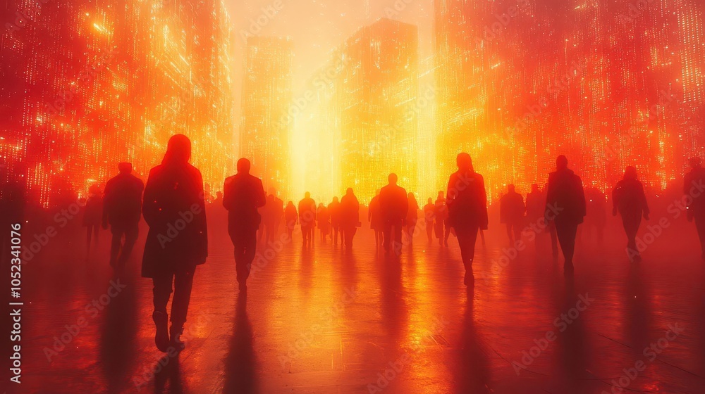 Fototapeta premium silhouettes of a connected crowd of people, surrounded by glowing network lines, symbolizing the integration of big data and smart city technology in a dynamic urban environment