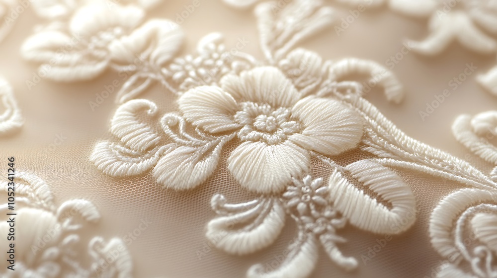 Obraz premium Nails adorned with silk lace embroidery, featuring ornate lace patterns in cream-colored thread on a matte beige background, creating an elegant and timeless style, hd quality, macro shot,