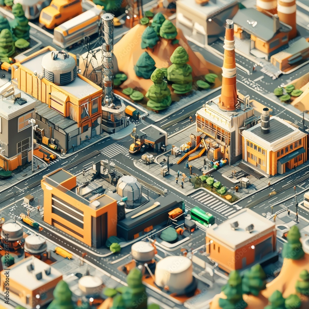 Low Poly Industrial Cityscape: A Geometric View of Urban Architecture Low Poly Industrial Cityscape: A Geometric View of Urban Architecture