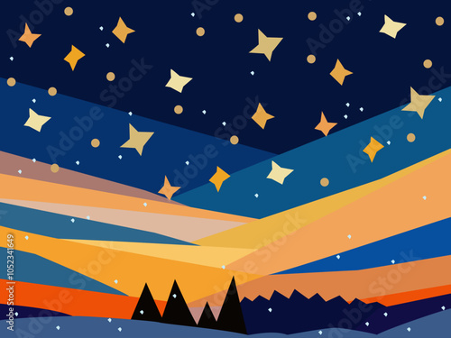 The night sky strewn with stars. Winter landscape.