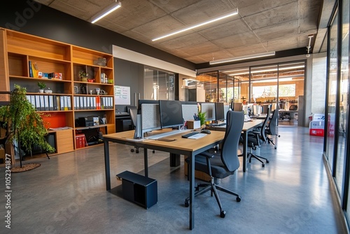 Modern office interior with a minimalist design and natural light.