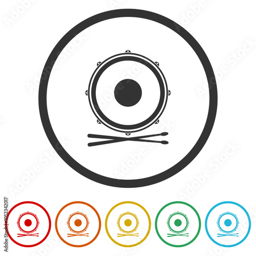 Drum, Snare graphic icon. Set icons in color circle buttons