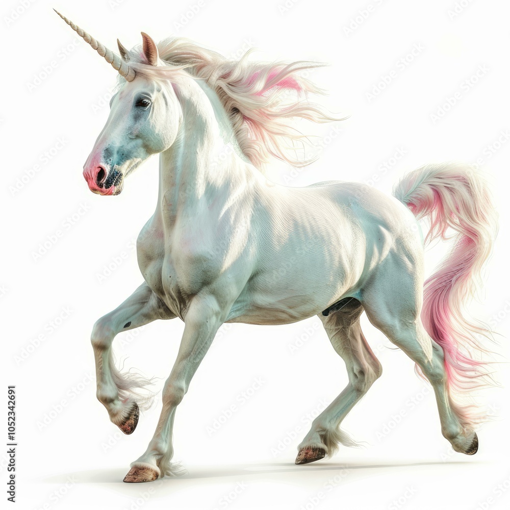 Majestic white unicorn with a flowing pink mane is gracefully galloping, showcasing its ethereal beauty and strength Majestic white unicorn with a flowing pink mane is gracefully galloping, showcasing its ethereal beauty and strength