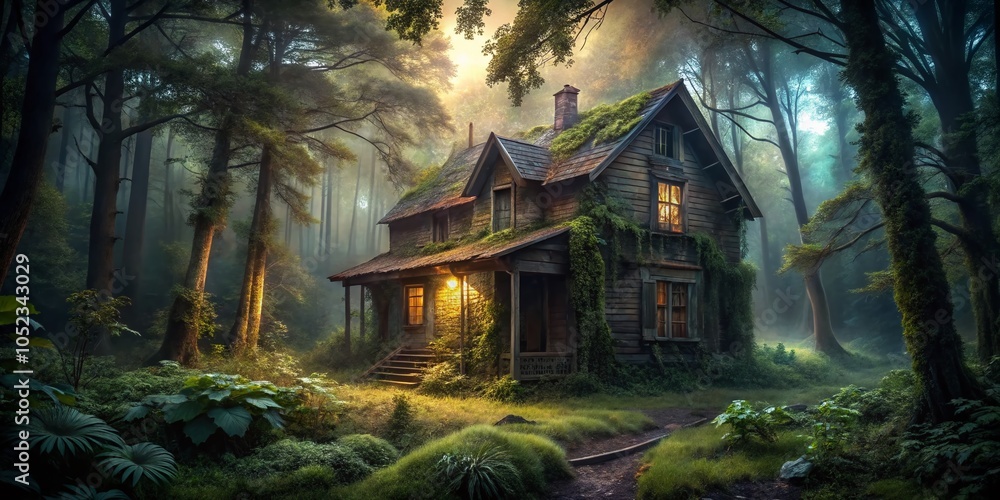 Creepy Abandoned House in Forest - Low Light Photography with Overgrown Vegetation and Spooky Atmosphere Creepy Abandoned House in Forest - Low Light Photography with Overgrown Vegetation and Spooky Atmosphere
