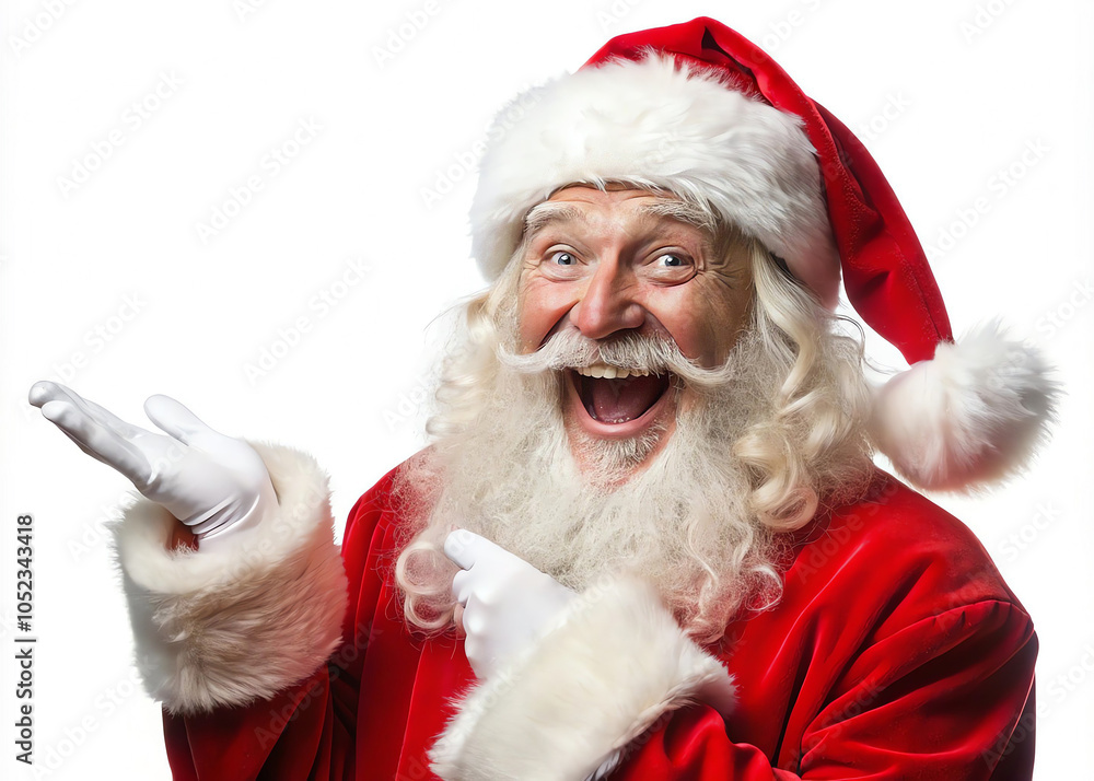 Naklejka premium isolated on a white background portrait of a happy Santa Claus with his hands shows on something