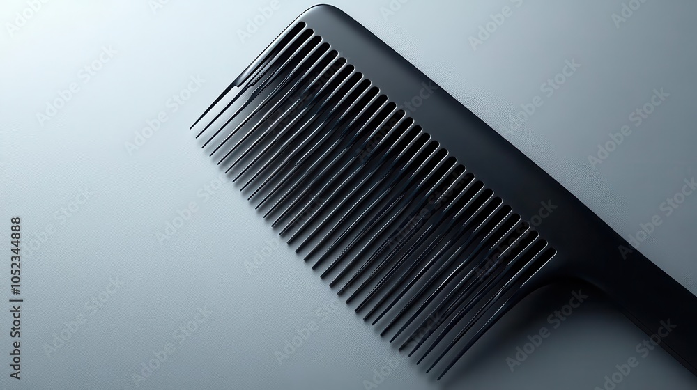sleek black plastic comb with fine teeth isolated against a pristine white background, emphasizing its design and functionality with sharp contrasts sleek black plastic comb with fine teeth isolated against a pristine white background, emphasizing its design and functionality with sharp contrasts