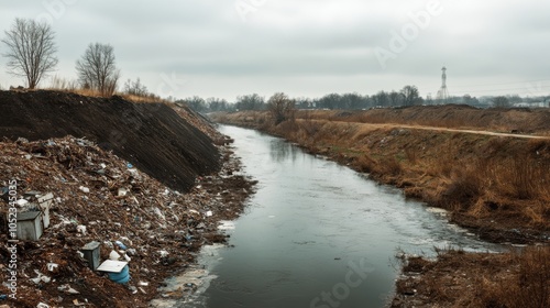 Toxic Waste Site by Polluted River, large hazardous dump, gray overcast sky, environmental degradation, health risks, ecological disaster photo