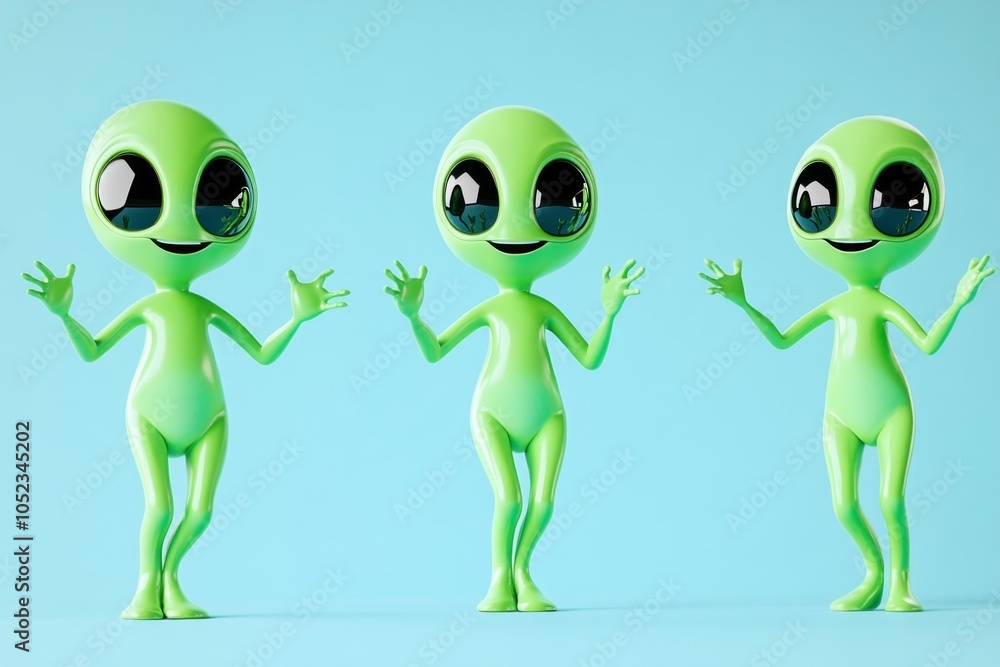 Cute green aliens having fun in playful poses against a simple blue background in a minimalist illustration style Cute green aliens having fun in playful poses against a simple blue background in a minimalist illustration style