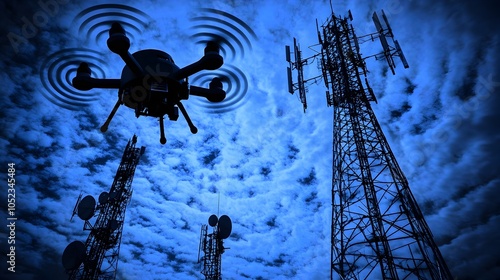 Futuristic Electronic Warfare Drone Jamming Enemy Radar Towers at Night with Advanced Antennas and Disruptors