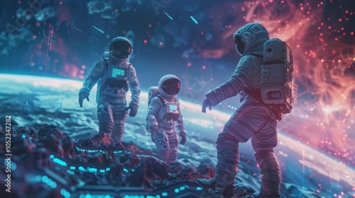 A team of astronauts on a mission to terraform a distant planet using advanced tools and equipment powered by 6G technology.