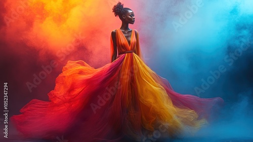 A high-fashion runway model wearing an avant-garde outfit, the fabric flowing with bold colors under dramatic lighting.