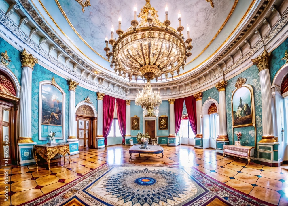 Obraz premium Dark Blue Palace Interior with Ornate Details in Panoramic View - Luxurious Decor, Architectural Elegance, and Opulent