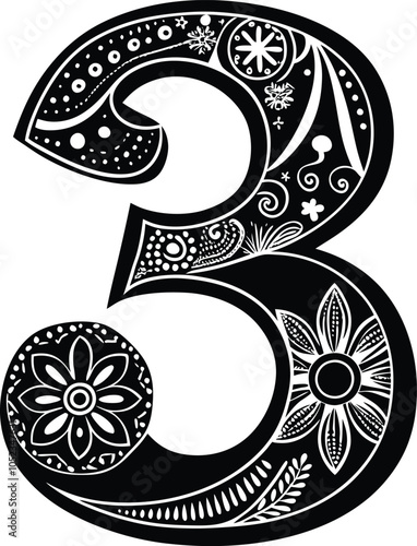 decorative number with ornaments three vector silhouette 