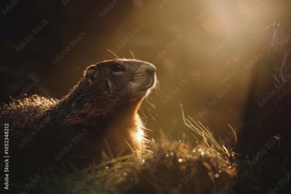 Obraz premium Groundhog in Sunlit Burrow at Dawn - Ideal for Nature and Environmental Themes