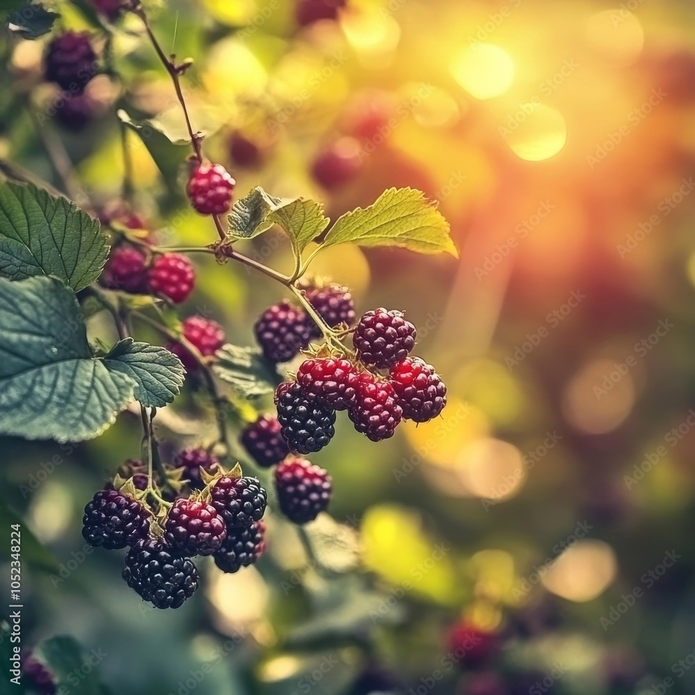 Blackberries on green leaves in sunny day. Blackberries on green leaves in sunny day.