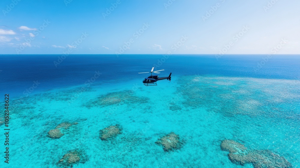 Helicopter Flying Low Over Bright Blue Sea Helicopter Flying Low Over Bright Blue Sea