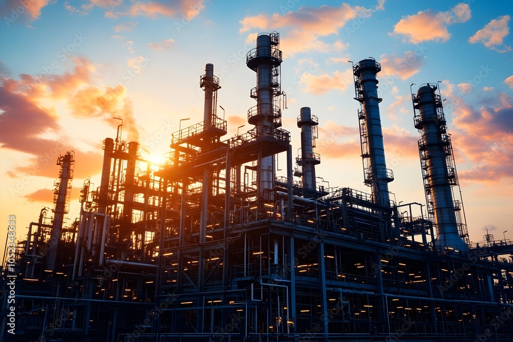 Majestic oil refinery plant glowing under dramatic sunset sky with towering industrial infrastructure and active machinery Majestic oil refinery plant glowing under dramatic sunset sky with towering industrial infrastructure and active machinery