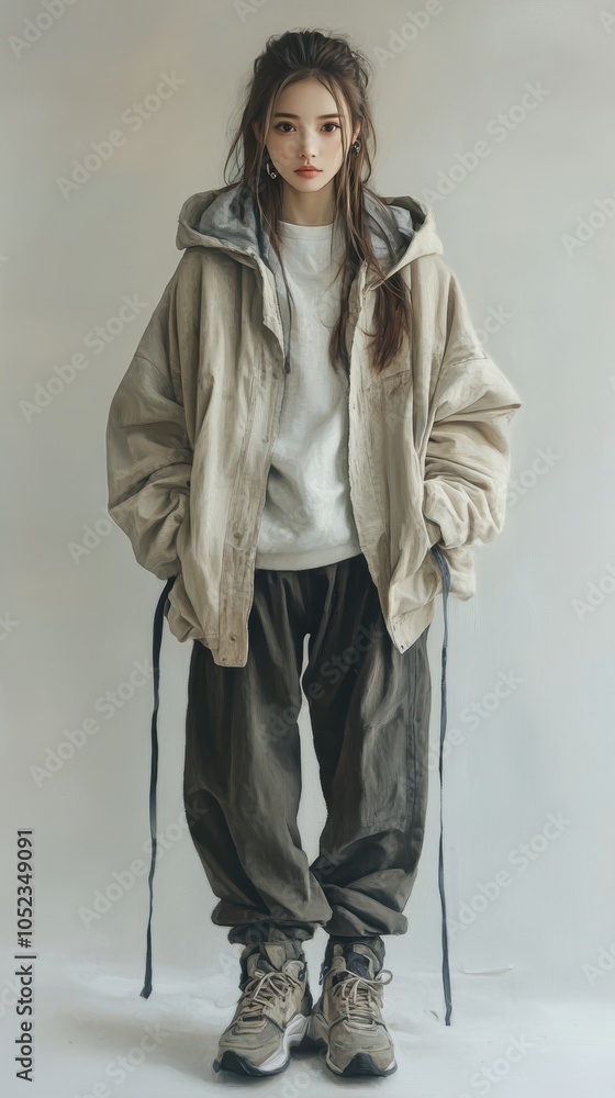 a young woman dressed in a stylish, casual outfit. She is wearing a large, beige outer jacket that has a relaxed fit, layered over a light gray hoodie. The hoodie is slightly visible at the neckline, a young woman dressed in a stylish, casual outfit. She is wearing a large, beige outer jacket that has a relaxed fit, layered over a light gray hoodie. The hoodie is slightly visible at the neckline,