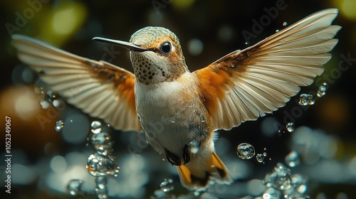 A hummingbird in flight, frozen in time, with every feather and rapid wingbeat clearly visible photo