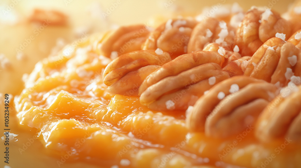 Sweet Potato Casserole with Crunchy Pecans - Close-Up Photorealistic Shots Highlighting Texture, Warm Autumn Colors, and a Touch of Cinnamon Spice for Seasonal Appeal Sweet Potato Casserole with Crunchy Pecans - Close-Up Photorealistic Shots Highlighting Texture, Warm Autumn Colors, and a Touch of Cinnamon Spice for Seasonal Appeal
