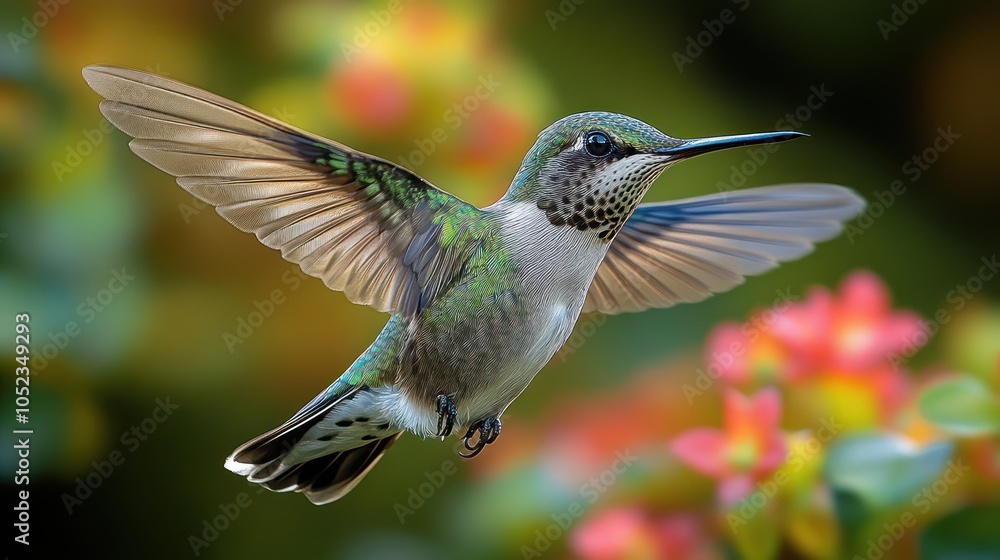 Fototapeta premium A hummingbird in flight, frozen in time, with every feather and rapid wingbeat clearly visible