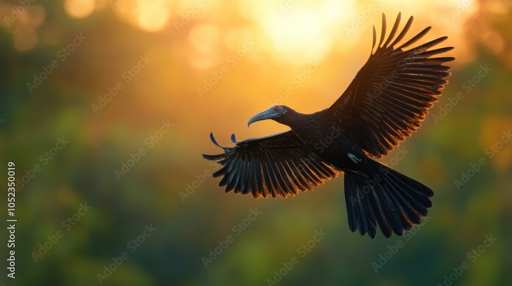 Obraz premium Hornbill Flying Gracefully Over Jungle at Sunset