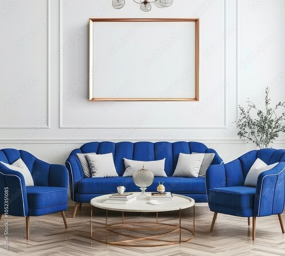 A living room with a blue sofa and two armchairs. a white coffee table. and a large framed picture above the sofa A living room with a blue sofa and two armchairs. a white coffee table. and a large framed picture above the sofa