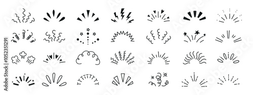 Line confetti exclamation icon elements. Doodle line rays. Abstract radial sunburst light shine spark explosion elements. Hand drawn sun burst sparkle vector collection. photo