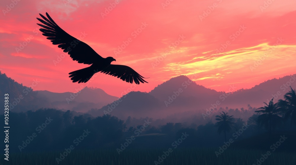 Naklejka premium Kinnari Gliding Over Rice Field at Dusk