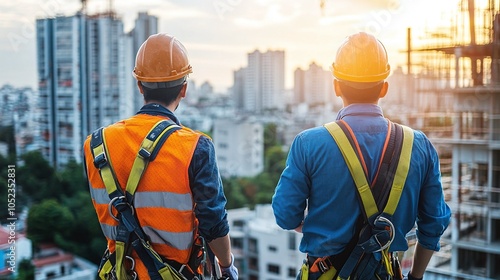 workers engaged in height work using secure safety harnesses, fall prevention gear, scaffolding support, and workplace security for industrial protection and jobsite risk prevention