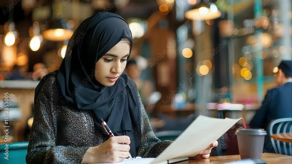 A woman wearing a hijab in a cafe is working on a laptop while enjoying a cup of hot coffee. A woman wearing a hijab in a cafe is working on a laptop while enjoying a cup of hot coffee.