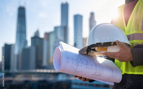 Engineer Holding Blueprints and White Hard Hat with Urban City Background