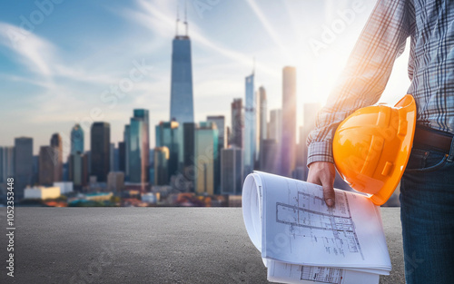 Construction Worker Holding Blueprint and Hard Hat in Urban Skyline Background