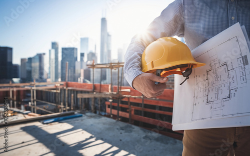 Construction Site Engineer Holding Blueprints and Hard Hat with Cityscape Background